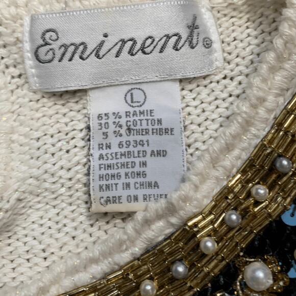 Vintage 80s Cream Sweater Beaded Sequin Burgundy Dark Floral Statement Knit - Picture 11 of 12